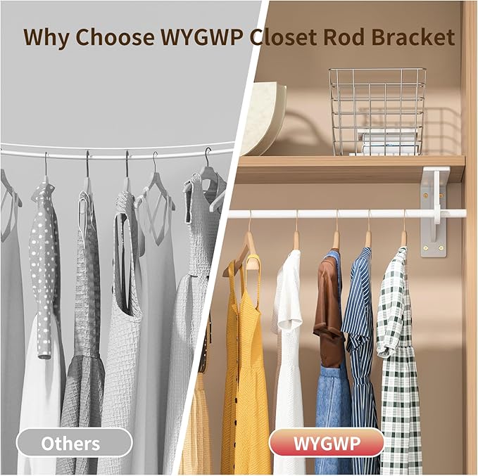 Closet Rod Support Bracket 12 inch WYGWP Heavy Duty Closet Shelves Brackets with Rod Shelving Supports 400lbs, Wall Mounted Shelf and Rod Holder for Armoire Wardrobe and Walk-in Closet Decor