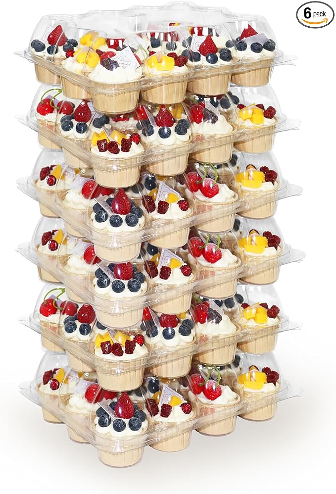 WIKDAY 12 Count x 6 Sets Plastic Cupcake Containers, Durable and BPA-Free Cupcake Holder with Lid for Easy Transport Storage, Stackable Clear Cupcake Carriers, Reusable Dessert Boxes
