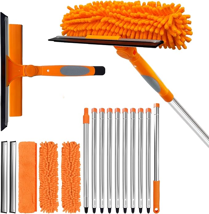 152" Squeegee Window Cleaner 2 in 1 Rotatable Window Cleaning Tool Kit with Extension Pole, Window Washing Equipment with Bendable Head for Indoor/Outdoor Window and Car Glass