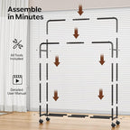 Simple Trending Clothing Clothes Rack Double Rods with Wheels, Rolling Metal Garment Rack for Hanging, Black