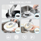 Soap Dispensing Scrub Brush - 4-in-1 Kitchen Cleaning Brush with Built-in Tank, Scraper Heads for Stubborn Grime on Pots Pans, Stand/Hang Storage-Grey