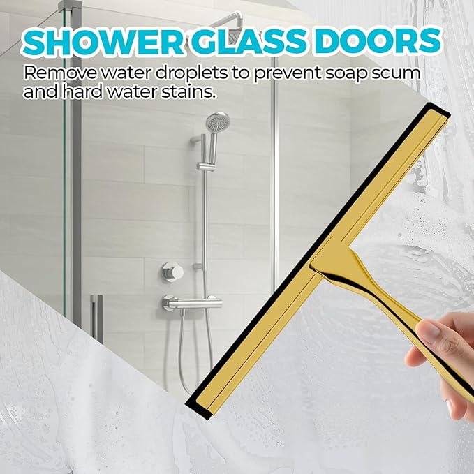 2PACK 9.5-Inch Golden All-Purpose Shower Squeegee for Shower Doors, Bath Linen Sets, Tile Shower Walls, Bathroom, Window, Glass and Car Windshield, Mirrors and Kitchen-Stainless Steel