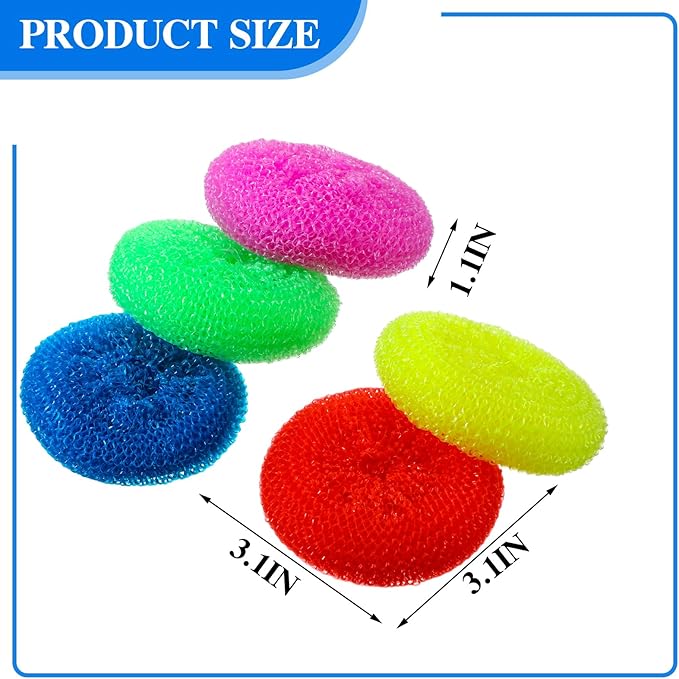 Uiifan 50 Pcs Plastic Dish Scrubbers for Dishes Nylon Dish Scrubber Plastic Pot Round Non Scratch Mesh Pot Scrubber Pads for Kitchen Household Cleaning, 5 Colors