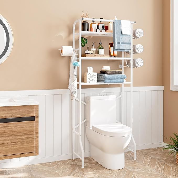 Over The Toilet Storage Metal 3 Tier Bathroom Organizer Shelf with Paper Holder Easy to Assemble & Space Saving (White)