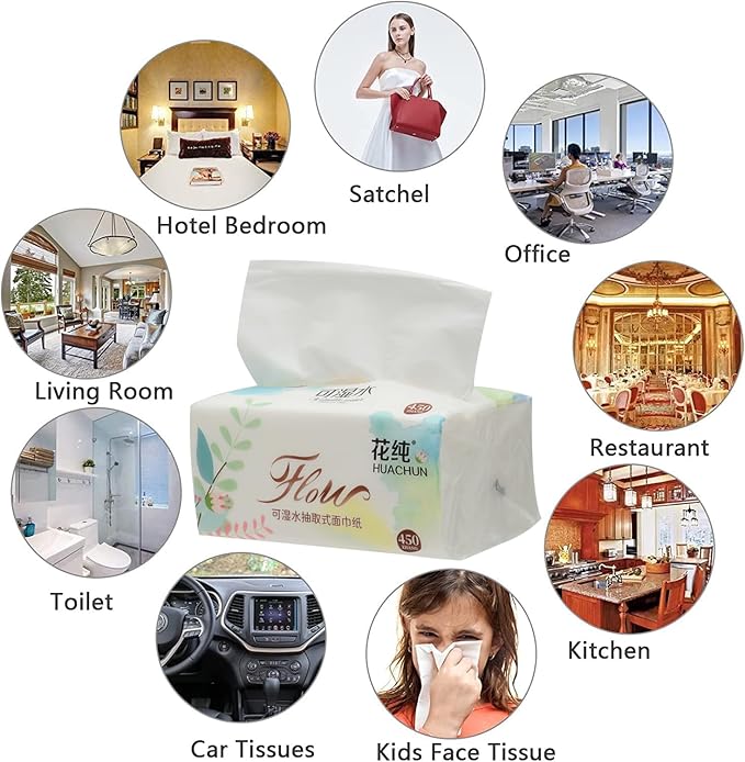 Small Soft Facial Tissues, Toilet Paper, Disposable Facial Napkins, Bag Cover NOT In Box, Material Wood Pulp Fiber NOT COTTON, 4-Ply, 10 Packs, 450 Sheets per Pack