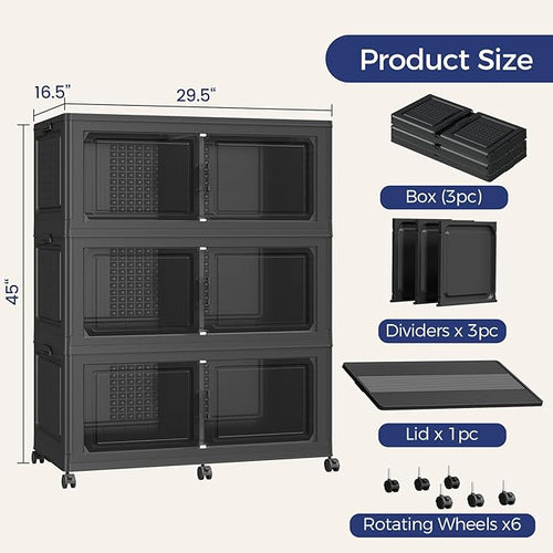 120GAL Extra Large Storage Bins with Lid, 480Qt Stackable Closet Organizers and Drawers, Collapsible Storage Bins with Wheels, Folding Containers for Home, Kitchen Office, 3Pack Black