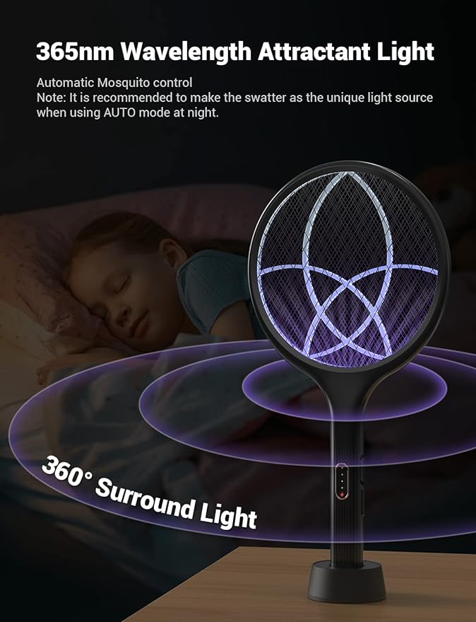 YISSVIC Electric Fly Swatter 4000V Bug Zapper Racket Dual Modes Mosquito Killer with Purple Mosquito Light Rechargeable for Indoor Home Office Backyard Patio Camping (Black-2 Pack)