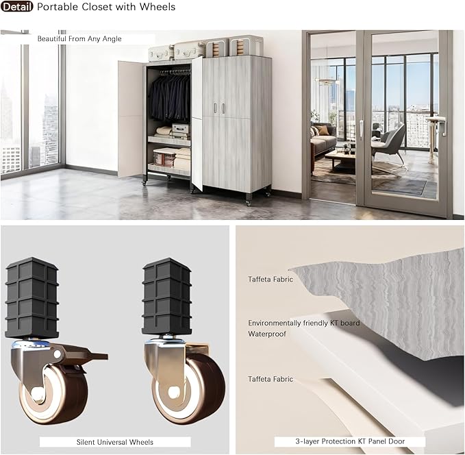 Foldable Portable Armoire Wardrobe Closet for Hanging Clothes Rack, Heavy Duty Covered Clothes Rack with Cover(HARDBOARD Magnetic), Closet Garment Rack for Bedroom Storage (KT Woodgrain Gray, 66.14in)