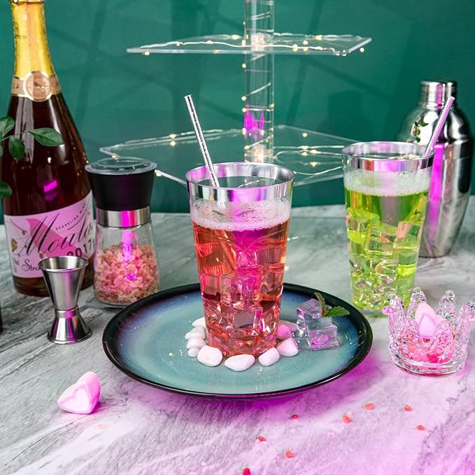 LIYH 100 Pcs 16 oz Silver Plastic Cups - Clear Plastic Tumblers with Silver Rim Big Size Fancy Disposable Clear Cups for Party & Wedding