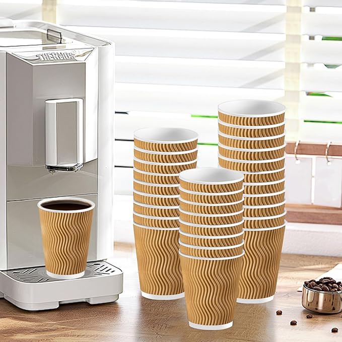 Lamosi Disposable Coffee Cups 12 OZ 100 Pack, Paper Coffee Cups 12 OZ for Hot Drinks or Cold Beverages, Insulated Corrugated Ripple Wall Cup No Lids for Office, Cafe, Home or Travel (Champagne)