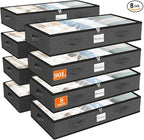 SpaceWhisper 90L Under Bed Storage Containers, 8-Pack Storage Bins with Clear Top, Foldable Closet Organizers and Storage with Label Holder for Clothing, Blankets, Comforter & Pillows (Grey)