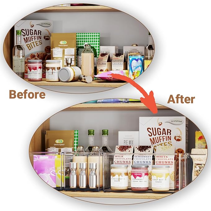 Clear Plastic Storage Bins with Dividers for Kitchen Pantry Organization, 3 Pack Thicken Stackable Storage Drawer Boxes for Refrigerator Cabinets Vanity Organizers and Storage, C6-1