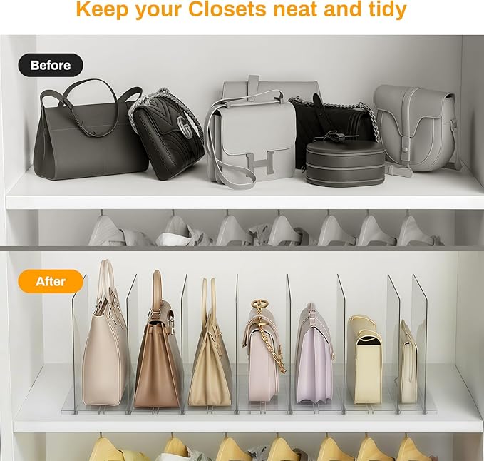 Purse Organizer for Closet Organizers And Storage Adjustable Clear Shelf Dividers for Purse Organizer for Closet, Closet Shelf Organizer Suitable for Bookshelf Dividers, Bedroom, Offices(2 Set-Large)