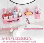 LEVERLOC Shower Caddy Suction Cup Set Shower Organizer & Soap Holder & Toothbrush Holder, Bathroom Shelf Basket NO-Drilling, Removable Suction Storage Waterproof Bathroom Caddy, Pink