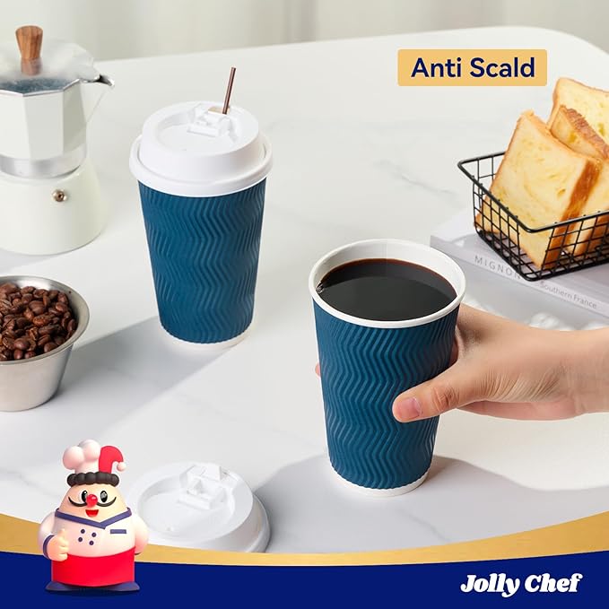 JOLLY CHEF 16oz Coffee Cups with Lids, 80 Pack Disposable Hot Paper Coffee Cups with Lids and Stirrers, Ideal for Travel, Office, Home, Cafe