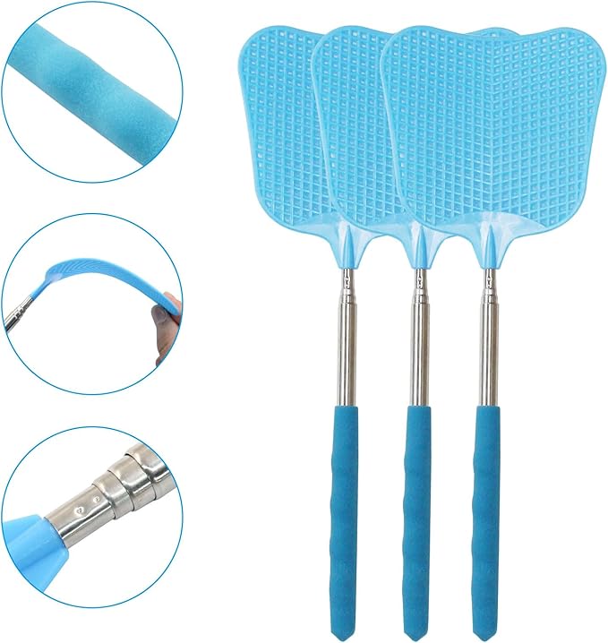 3 Pcs Telescopic Fly Swatter, Plastic Fly Swatter Long Handle Heavy Duty FlySwatters Set for Indoor Outdoor Office Home