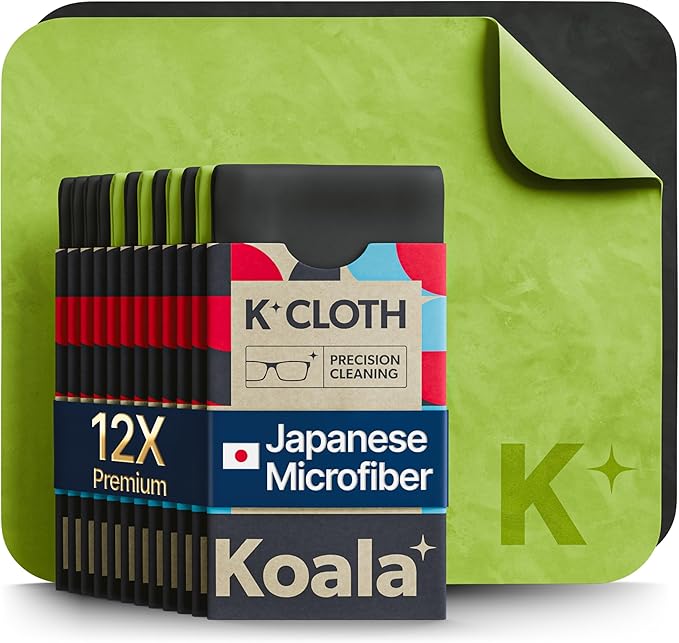 Koala Lens Cleaning Cloth | Japanese Microfiber | Glasses Cleaning Cloths | Eyeglass Lens Cleaner | Eyeglasses, Camera, VR/AR Headset, and Screen Cleaner | Black & Green (Pack of 12)