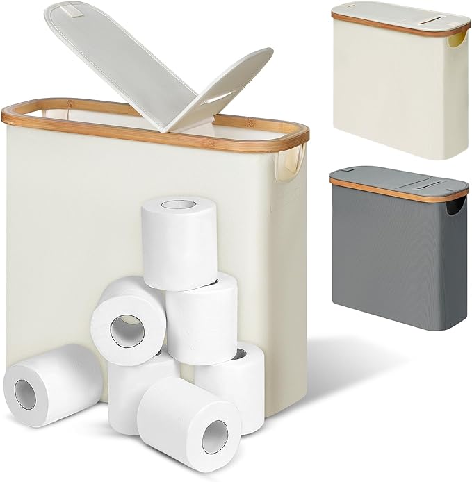 efluky Toilet Paper Storage and Holder 2 in 1, Toilet Paper Storage with Lid for Bathroom 28L, Free Standing Holder Organizer Holds Up to 9-12 Rolls, Beige