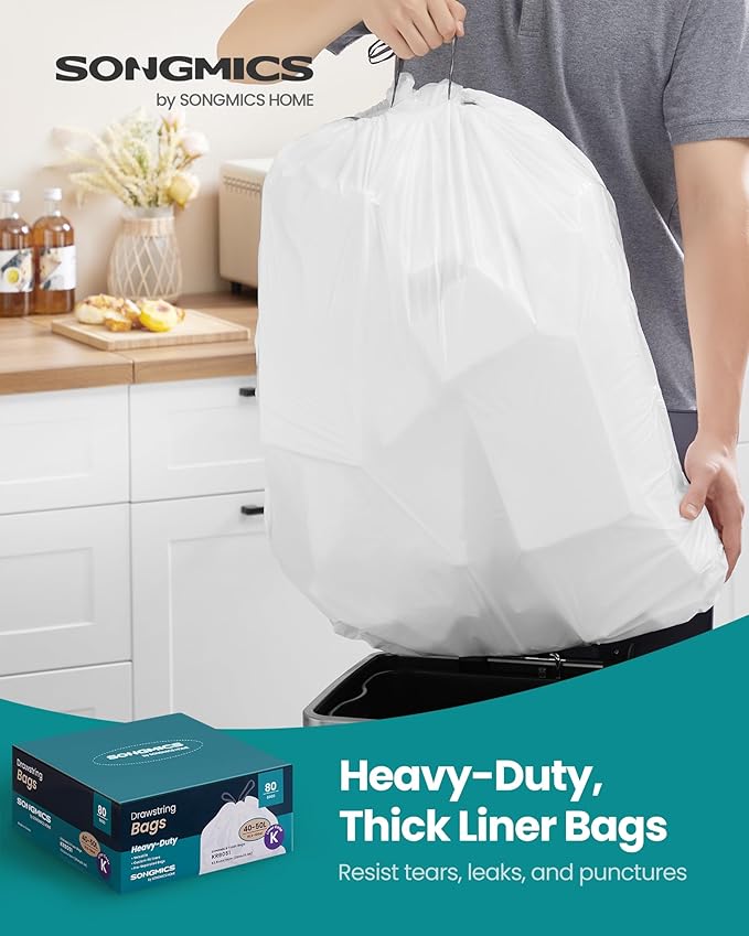 SONGMICS Trash Bags for 13-Gallon (50 L) Trash Cans, Drawstring Kitchen Garbage Bags, Pre-Separated, Quick-Dispense Box, Liner Code K, 2 Rolls, 80 Count, White UKRB051A02