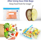 Sous Vide Bags 31 Pcs (24 Pcs Vacuum Zipper Bags & 2 Seal Clips & 5 Air Valves), Reusable BPA Free Vacuum Sealer Bags (13 * 10 in) Vacuum Food Storage Bags for Cooking/Food Storage/Microwave Heating