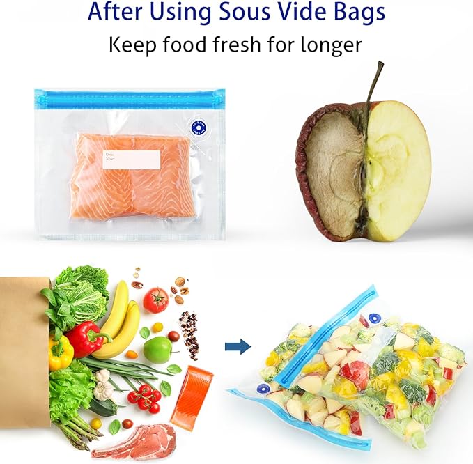 Sous Vide Bags 31 Pcs (24 Pcs Vacuum Zipper Bags & 2 Seal Clips & 5 Air Valves), Reusable BPA Free Vacuum Sealer Bags (13 * 10 in) Vacuum Food Storage Bags for Cooking/Food Storage/Microwave Heating
