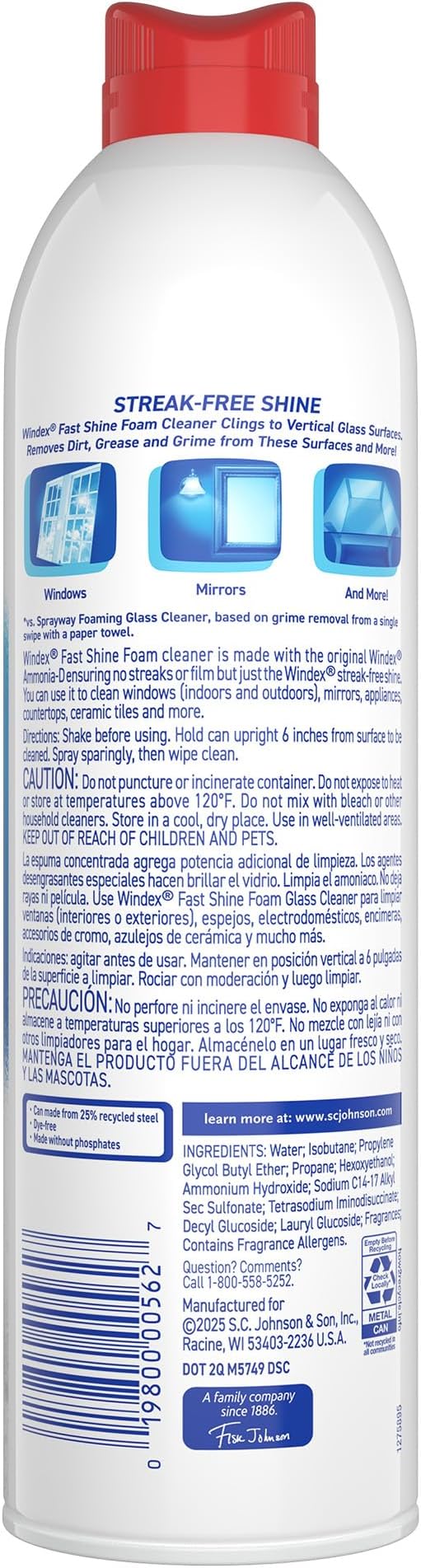 Windex Fast Shine Foam Glass Cleaner Supplies, No-Drip Window & Mirror Aerosol Spray, Streak-Free, Removes Fingerprints, Dust, Dirt & Smoke Film, Grapefruit Scent, 19 oz (Pack of 2)