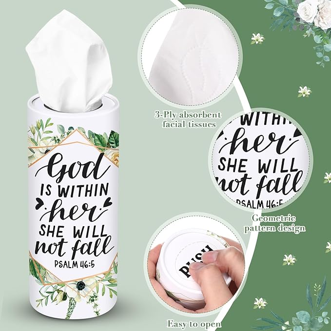 Outus 12 Pcs Greenery Christian Car Tissues Cylinder Holder with 3 Ply Facial Tissue Bulk Eucalyptus Leaves Religious Tissue Holder Travel Tissues Boxes Container for Home Wedding Party Supplies