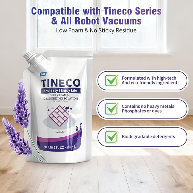Floor Lavender Cleaning Solution 2 bags Refill, Compatible with Tineco All Series Robot Vacuum Cleaner, Eco-Safe, Streak-Free Formula for Hard Floors, Pet & Kid Friendly