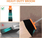 2-Pack Broom and Dustpan Set with Long Handle, Heavy Dust Broom and Dustpan Combo for Home，Kitchen, Office, Pet Hair (Brown Orange)