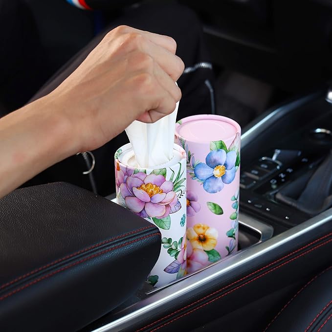 200 Sheets Car Tissues Holder with Facial Tissues 3-ply Travel Tissue Tubes 4 PK Tissues Box Container Perfect Fit for Car Cup Holder Cylinder (Pink)