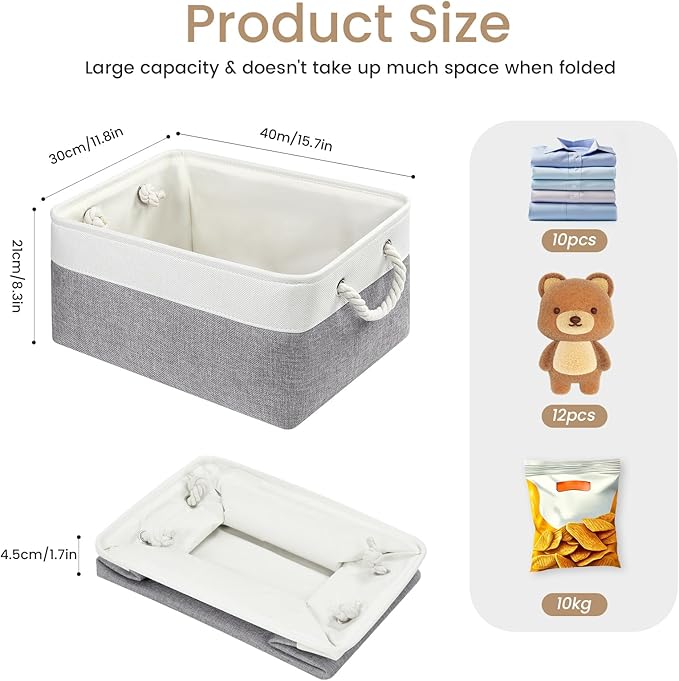 Large Storage Baskets- 15.7x11.8x8.26 inch Storage Bins for Shelves and Closet Organizing, Foldable Fabric Bin for Home Organization Clothes and Laundry (6-Pack, White&Gray)