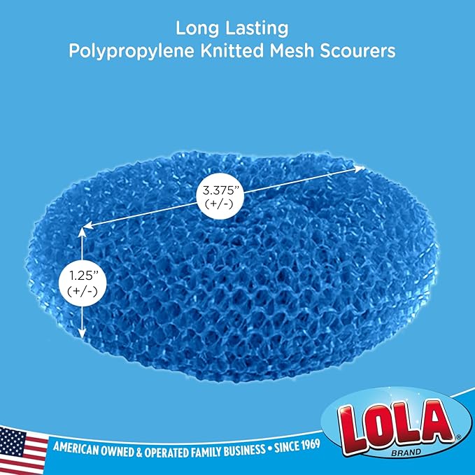 LOLA Plastic Mesh Scouring Pads - 3 Pack, 3.375" x 1.25", Non-Scratch Dish Scrubbers to Clean Dishes, Assorted Colors - Red, Blue & Yellow