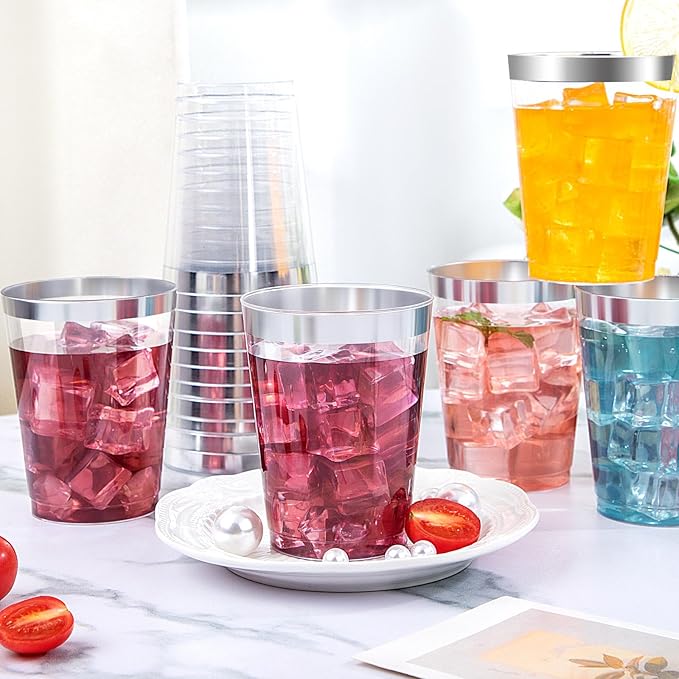 DaYammi 200 Pack Silver Plastic Cups 10 Oz Clear Plastic Cups Silver Rimmed Disposable Wine Glasses Heavy Duty Disposable Tumblers Drinking Cocktail Glasses for Party Wedding