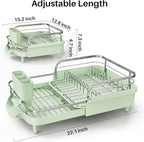 SNTD Dish Drying Rack, Expandable Dish Rack for Kitchen Counter, Stainless Steel Dish Drainer with Drainboard Set and Utensil Holder (Green)
