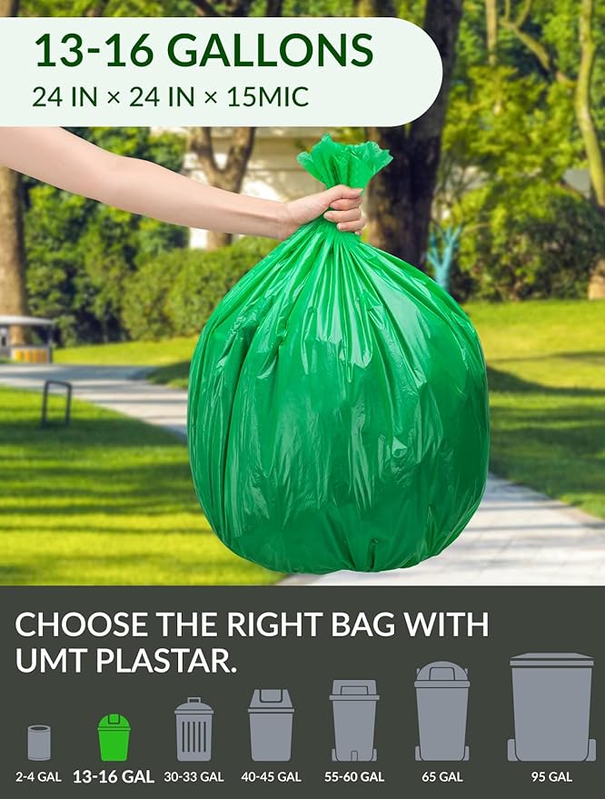 400 Count 100% Biodegradable and Compostable Trash Bags, 13-16 Gallon, 15 Microns, 24x24 Inches, Green Eco-Friendly
