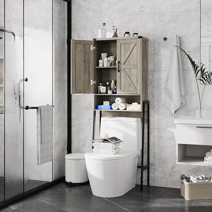 Vabches Over The Toilet Storage Cabinet with 2-Door Design Bathroom Organizers and Storage with Anti-Tip Device Over Toilet Organizer with Shelves for Bathroom,Restroom,Laundry Grey
