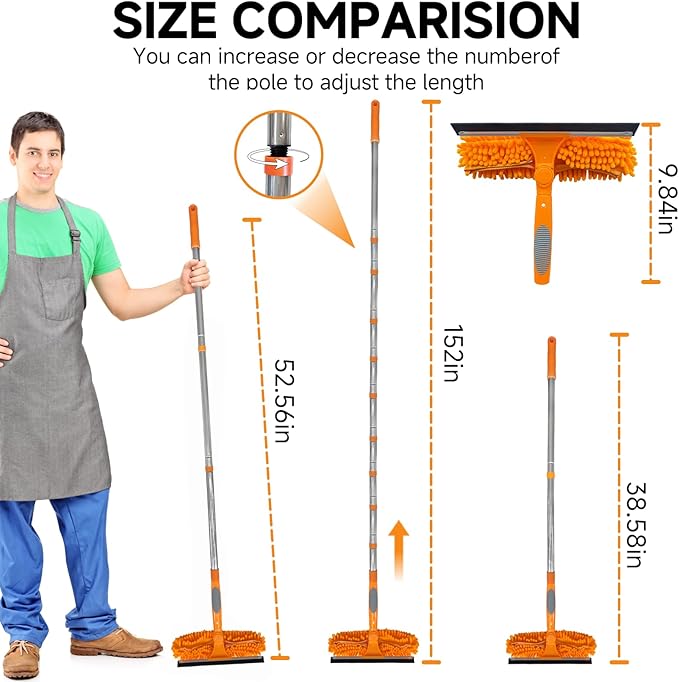 152" Squeegee Window Cleaner 2 in 1 Rotatable Window Cleaning Tool Kit with Extension Pole, Window Washing Equipment with Bendable Head for Indoor/Outdoor Window and Car Glass