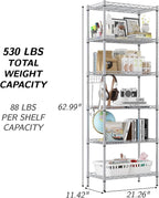 Homdox 6-Tier Storage Shelf Wire Shelving Unit Free Standing Rack Organization with Adjustable Leveling Feet, Stainless Side Hooks, Silver