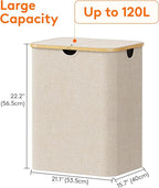 Lifewit 120L Laundry Basket with Lid, Clothes Hampers for Laundry with Bamboo Handles and 2 Removable Bag, Large Foldable Laundry Hamper for Bedroom, Bathroom, Dorm, Laundry Room, Beige