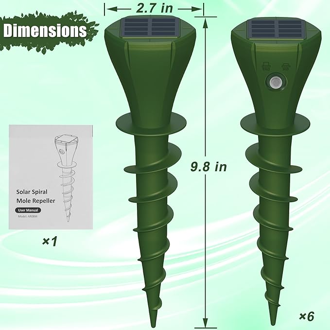 6 Packs Solar Mole Repellers, Gopher Deterrent Device with Vibrating Motor & Spiral Drill Ground Stake, IP65 Waterproof Lawn Garden Yard Pest Repellents Driving Away Vole Groundhog Snakes