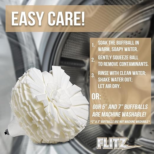 Flitz Buff Ball w/ 1.76oz Metal Polish Paste - 7in Drill Buffer Polisher Attachment for Any 3/8in Drill - Self-Cooling, Washable Polishing Ball to Buff, Shine, & Protect All Metals, Plastics (1 Pack)