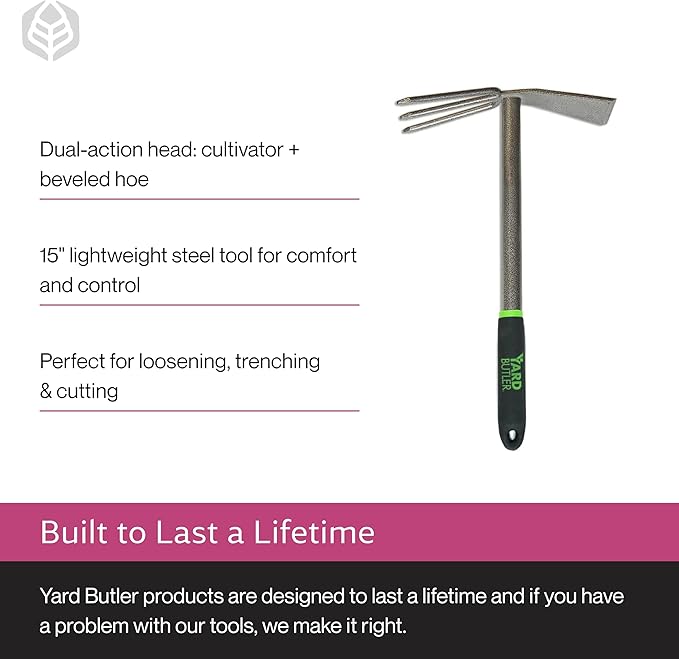 Yard Butler Terra Tiller Hand Cultivator, ITT-4T - Essential Gardening Tool for Yardwork - Power-Coated Steel Construction - Comfortable Grip - Long-Lasting - Rust-Resistant