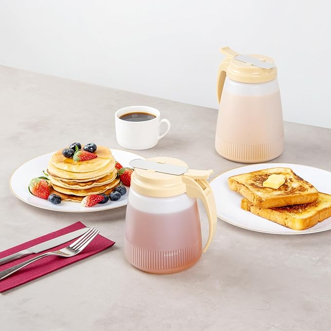 Restaurantware-Chef 101 32 Ounce All Purpose Syrup Dispenser, 1 Honey Dispenser - Beige Top, Stainless Steel Slide Cover, Plastic Pancake Syrup Bottle, Perfect For Diners, Restaurants, Home