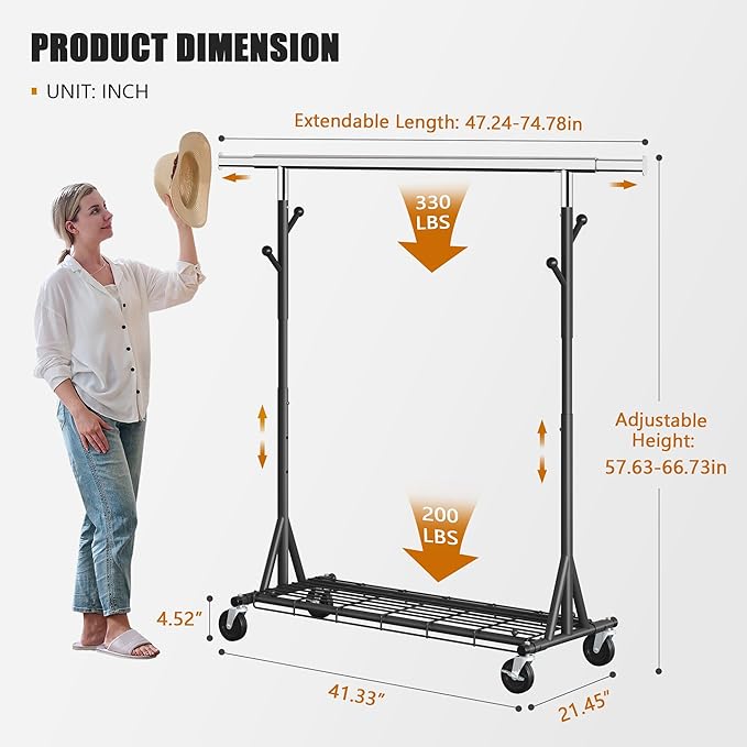 Gewudraw Garment Rack Load 530lbs,Heavy Duty Rolling Clothes Rack With Sturdy Wheel And Shelves, Adjustable Portable Hanging Rack For Clothes, Chrome Stainless Steel, Black
