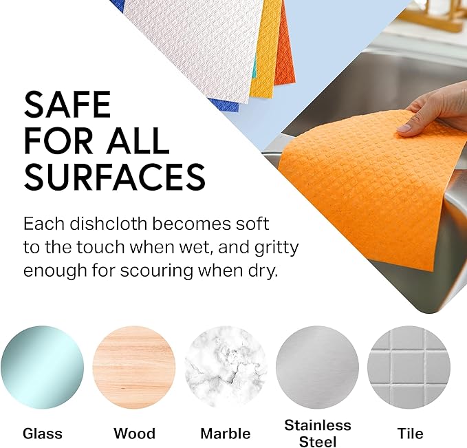 Swedish Wholesale Dishcloths Reusable 8" x 7" Sponge Cloths, Bulk 10 Pack of High Absorbent Cellulose Dish & Kitchen Cleaning Hand Towels, Wring to Dry & Machine Wash, Odor Resistant, Orange