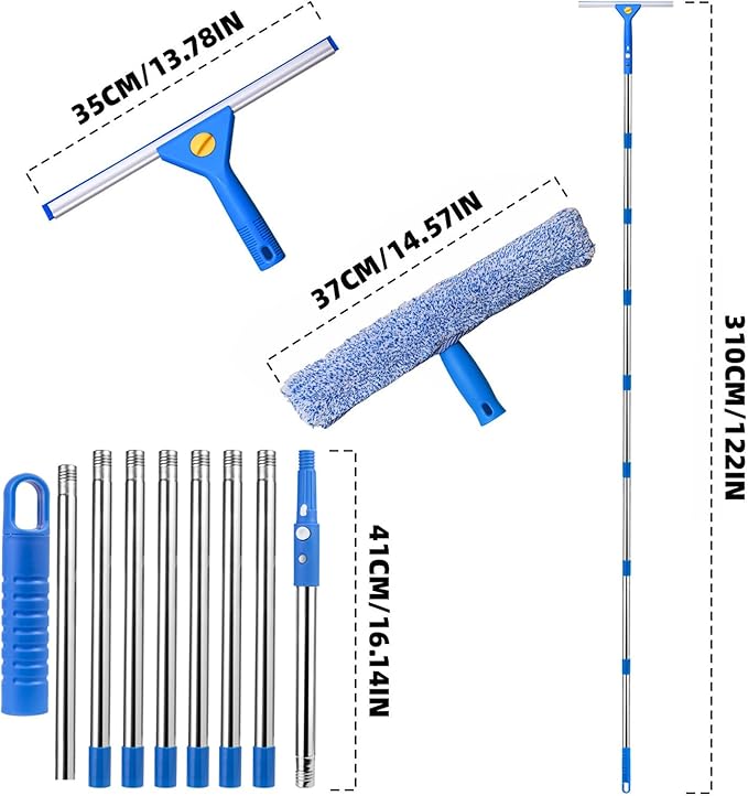 Professional Window Cleaning kit, 2-in-1 Window Squeegee with 122" Extension Poles, Suitable for Indoor & Outdoor Windows, High Glass, High Windows, Multi-Purpose Car Windshield Cleaning