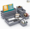 10 PCS Drawer Organizer Set, 4 Size Makeup Drawer Divider Organizer With Non-Slip Pads, Interlocking Plastic Storage Bins for Office,Jewelry Vanity,Gadgets, Bathroom,Kitchen, Grey