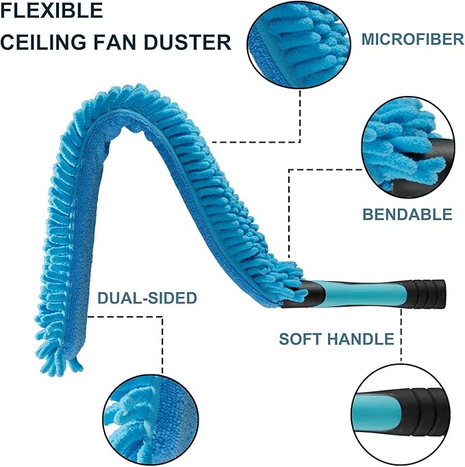 25 Foot High Ceiling Fan Duster with 6-18ft Extension Pole, Extendable Reusable Cobweb, Feather, Window Cleaning Squeegee Kit
