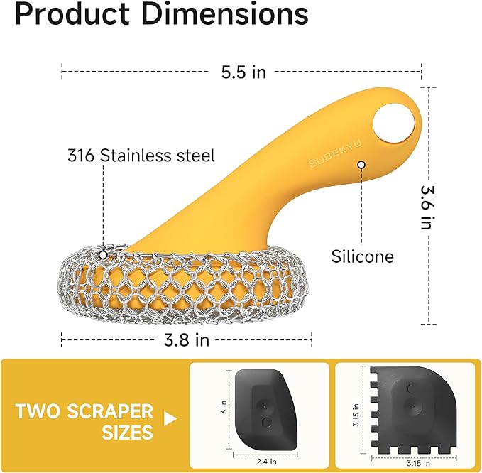 SUBEKYU Cast Iron Scrubber with Silicone Handle, Stainless Steel Skillet Cleaner for Cast Iron Pans (Yellow Scrubber + Scraper)