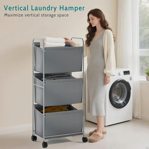 125L Vertical Laundry Hamper with Wheels, 3 Section Large Rolling Laundry Sorter with Detachable Inners, Metal Clothes Hamper Laundry Baskets Organizer for Bathroom, Bedroom, Dorm (Gray)